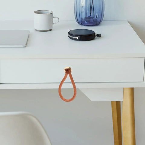 Old School Vintage Rope Cabinet Pull Handle Gold Tone for Small Drawers and Doors attached to white desk drawer