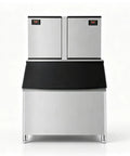 Heavy Duty Commercial Ice Maker Pumping Out Crisp Clear Cubes On The Fly With Stainless Steel Frame and roomy storage bin.