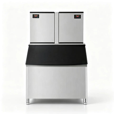 Heavy Duty Commercial Ice Maker Pumping Out Crisp Clear Cubes On The Fly With Stainless Steel Frame and roomy storage bin.