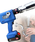 Rechargeable Electric Hydraulic Pipe Crimping Tool With Multi-Die Kit For Stainless Steel Tubing in use with stainless pipes.