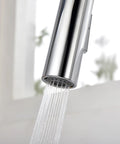 SUMERAIN Kitchen Faucet with Pull Down Sprayer Dual Mode Brushed Gold close-up of spray head with water flowing.