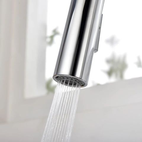 SUMERAIN Kitchen Faucet with Pull Down Sprayer Dual Mode Brushed Gold close-up of spray head with water flowing.