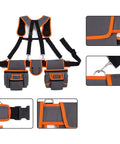 Heavy Duty Tool Belt With Double Layer Padded Suspenders Adjustable Straps Triple Stitched Oxford Fabric Hammer Pouch Organizer showing adjustable design and multiple pockets.