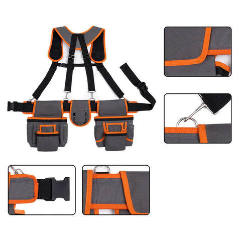 Heavy Duty Tool Belt With Double Layer Padded Suspenders Adjustable Straps Triple Stitched Oxford Fabric Hammer Pouch Organizer showing adjustable design and multiple pockets.