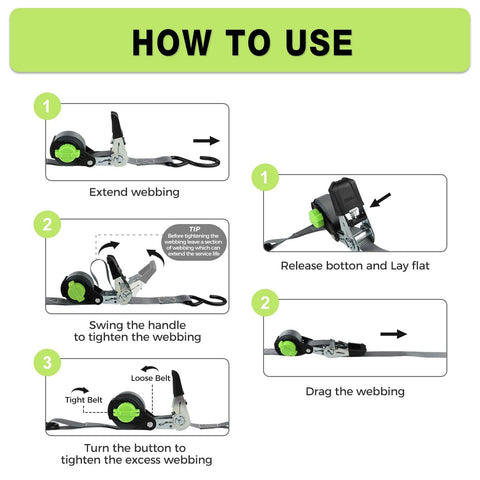 Instructions for using Heavy Duty Ratchet Strap With Safety Lock And Chromoly S Hooks 1500 Lbs Break Strength 1 Inch By 15 Feet