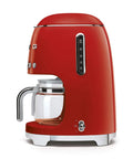 Boost Your Daily Grind With This Smooth Operator Retro Drip Coffee Maker Featuring 10 Cup Glass Carafe Programmable Auto Start Keep Warm Plate And Dual Strength Settings In Bold Red, side view.