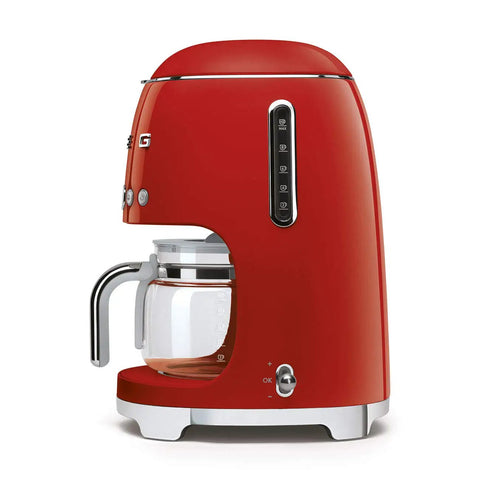 Boost Your Daily Grind With This Smooth Operator Retro Drip Coffee Maker Featuring 10 Cup Glass Carafe Programmable Auto Start Keep Warm Plate And Dual Strength Settings In Bold Red, side view.