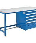 Heavy Duty Five Drawer Modular Workbench At 72 By 30 Inches Steel Shop Table With ESD Laminate Top central locking cabinet view.