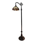 Tiffany Style Arched Floor Lamp With Stained Glass Shade And Jewel Accents, 62 Inch Tall Antique Brown Red Tan Traditional Reading Light