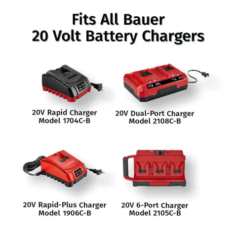 Badass 20V Cordless Drill Driver Kit Featuring Half Inch Quick Lock Chuck And Slick Ergonomic Grip For Knockout Power On Weekend Shop Builds Or Pro Job Site Tasks Compatible With Top Brand Power Tools. Image of four Bauer 20V battery chargers including rapid and dual-port models.