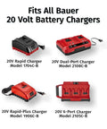 Bauer 20 Volt Battery Chargers, including 20V Rapid, Dual-Port, Rapid-Plus, and 6-Port models, displayed in red and black.