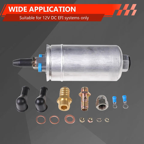 High Flow 12V Fuel Pump For EFI Systems, 43 To 75 PSI, 53 GPH, Universal Fit, shown with installation components