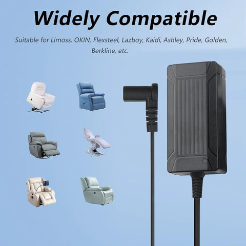 29V 2A Electric Recliner Power Supply Replacement Adapter For Okin Limoss Lift Chairs And Sofas Plug And Play Wide Compatibility With DeltaDrive And BetaDrive Motors Works With Lazboy Pride Golden Kaidi Flexsteel Ashley Berkline And More, black adapter with right-angle plug