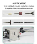 Various attachments for Qugurlid Mini Lathe Polisher Machine For DIY Wood Metal Working, showing versatility in engraving and grinding.