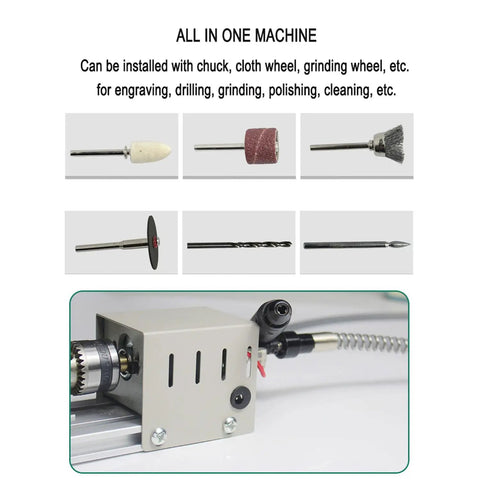 Various attachments for Qugurlid Mini Lathe Polisher Machine For DIY Wood Metal Working, showing versatility in engraving and grinding.