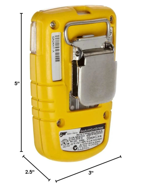 Back view of BWC2-H BW Clip Single Gas H2S Monitor With Hibernation Mode Case Accessory IntelliDoX Compatible, yellow with clip.