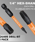 12 Pack Square Drive Bit Set In Premium S2 Alloy Steel Pro Grade With Magnetic Heads, Long 2.55 Inch Square Bits And Hex Shank
