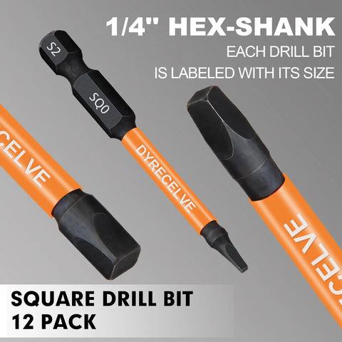 12 Pack Square Drive Bit Set In Premium S2 Alloy Steel Pro Grade With Magnetic Heads, Long 2.55 Inch Square Bits And Hex Shank