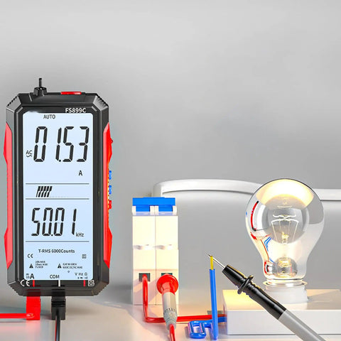 Upgraded FS899L Digital Multimeter with USB Rechargeable Power and Smart Auto Display measuring AC current next to light bulb.