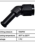 6AN Female To 3 Eighth Inch Barb Hose Fitting With Forty Five Degree Swivel For High Pressure Auto Racing Beefed Up Aluminum 6061 T6 Easy Install 1500 PSI Temperature Range Minus 65 F To 252 F, black 45-degree swivel barb fitting