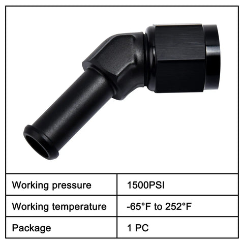 6AN Female To 3 Eighth Inch Barb Hose Fitting With Forty Five Degree Swivel For High Pressure Auto Racing Beefed Up Aluminum 6061 T6 Easy Install 1500 PSI Temperature Range Minus 65 F To 252 F, black 45-degree swivel barb fitting