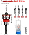 7-piece countersink drill bit set featuring adjustable depth stop collar for woodworking and smooth hex shank bits.