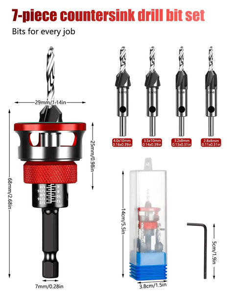 7-piece countersink drill bit set featuring adjustable depth stop collar for woodworking and smooth hex shank bits.