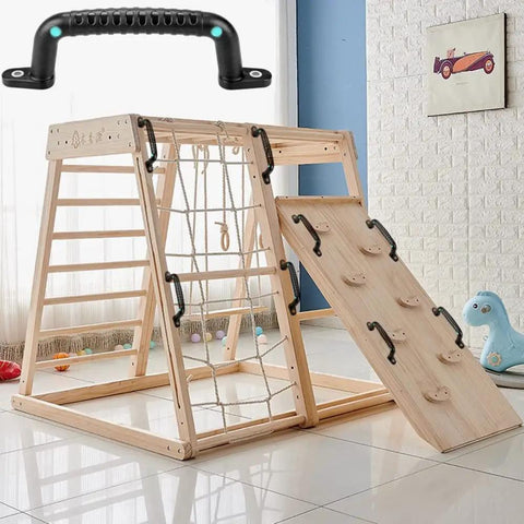 Four Pack Solid Safety Playground Handles Featuring Glow Grip Tech Heavy Duty Anti Slip Handholds for Kid Approved Bunk Beds Playsets Climbing Ladders in a playroom setup.