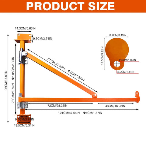 Heavy Duty Wall Mount Jib Crane Hoist Support Arm With 180 Degree Swinging Electric Scaffolding Lift Bracket dimensions showing sizes and details.