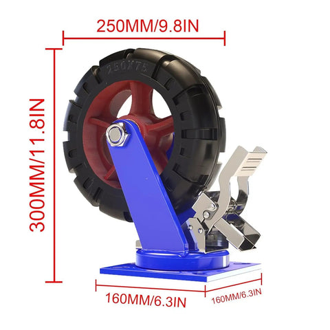Heavy Duty Garage Casters With Hard As Nails Solid Rubber Tires And Bulletproof Steel Wheel Hub, 250mm wheel, side view with brake.