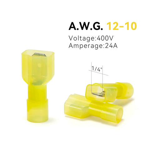 Yellow nylon female spade connectors, 100 pcs, 12-10 AWG, 100 Pcs Nylon Female Spade Quick Disconnect Connectors Kit Yellow For 12 To 10 AWG Wire Tinned Copper