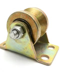 Built Tough All Steel V Groove Caster Wheel For Sliding Doors And Heavy Duty Garage Tracks With Smooth Rolling Bearings And Slick U Shaped Pulley Rig For Quick Fixes, close-up view of yellow steel caster with mounting flanges.