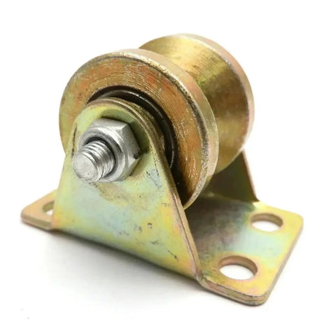 Built Tough All Steel V Groove Caster Wheel For Sliding Doors And Heavy Duty Garage Tracks With Smooth Rolling Bearings And Slick U Shaped Pulley Rig For Quick Fixes, close-up view of yellow steel caster with mounting flanges.