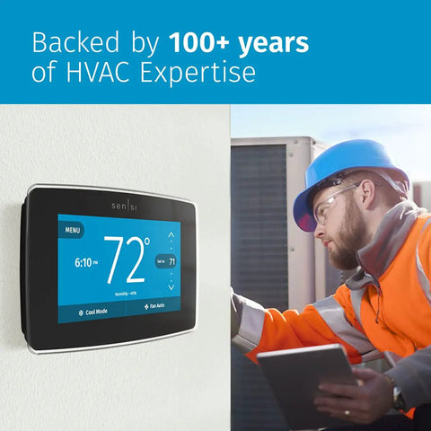 Smart Thermostat With Color Touchscreen WiFi And Mobile App Control Easy DIY Install Privacy Protected Data Works With Alexa Energy Star Certified C Wire Required Black ST75 installed on wall with service technician.