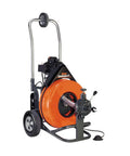 Pro Grade Heavy Duty Drain Pipe Cleaner Machine Featuring 100 Foot Flexicore Cable Half Horsepower Motor on wheeled stand.