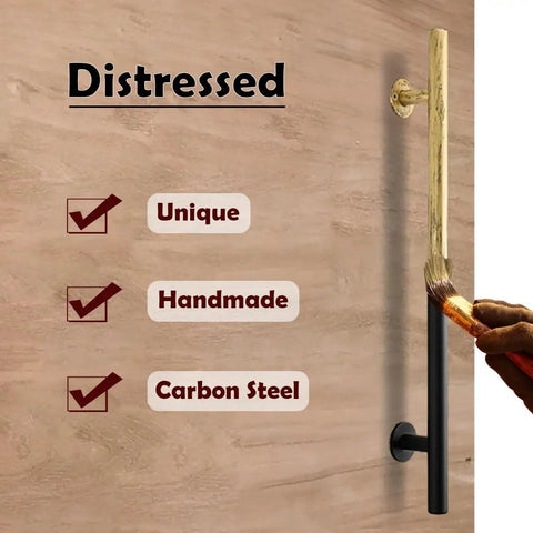 Dope Gold 24 Inch Barn Door Handle Set Retro Rustic Sliding Hardware Kit With Round Pull Flat Finger Pull Hook Lock And Eye Latch showcased with unique handmade distressed finish