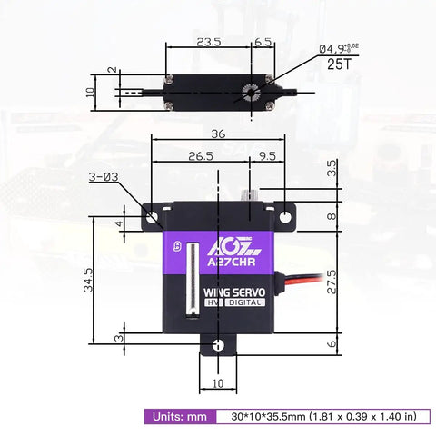 Diagram of 10.2Kg Beefy Torque RC Wing Servo for Airplane Glider with measurements, Digital CNC Thin Metal Gear Coreless Servo Motor.