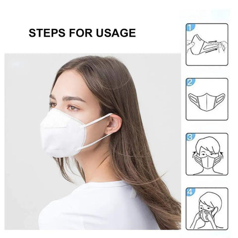 Woman wearing a KN95 5 Ply Disposable Face Mask For Everyday Wear with instructions for use, showing contoured fit and ear loops