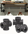 Black 4 Way Cross Pipe Fitting Connector For Furniture And Decor, 1/2 inch malleable iron, vintage industrial style pipe