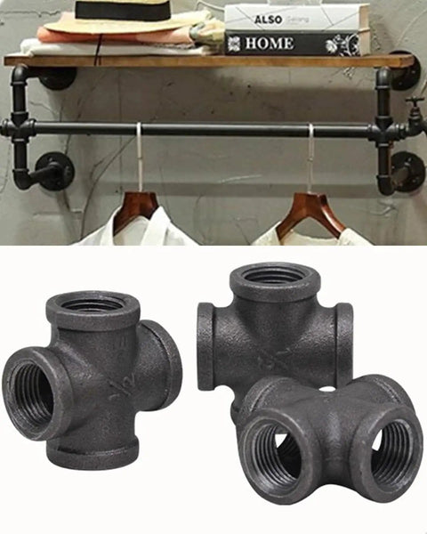 Black 4 Way Cross Pipe Fitting Connector For Furniture And Decor, 1/2 inch malleable iron, vintage industrial style pipe