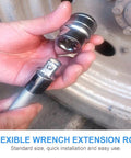 Flexible Socket Extension Bar Half Inch Ratchet Extension Rod With Springy Soft Shaft for auto repair, shown in use.