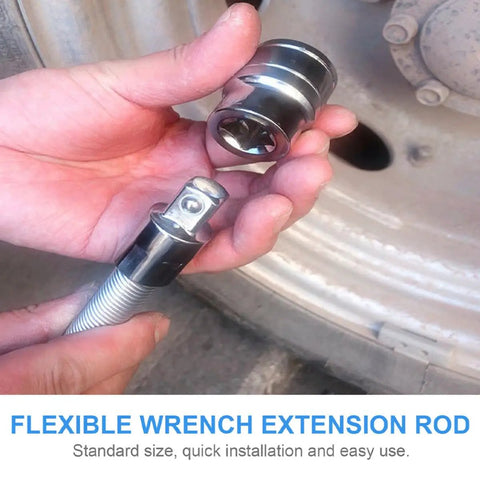 Flexible Socket Extension Bar Half Inch Ratchet Extension Rod With Springy Soft Shaft for auto repair, shown in use.