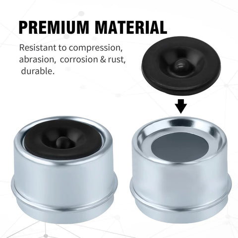 Front view of chrome trailer hub bearing dust cap with black rubber grease plug.