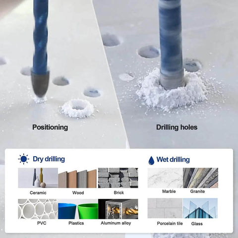 Diamond drill bit set, 1/4 inch hex shank, 5 pieces, for porcelain tile and masonry drilling; dry/wet drilling guide shown.