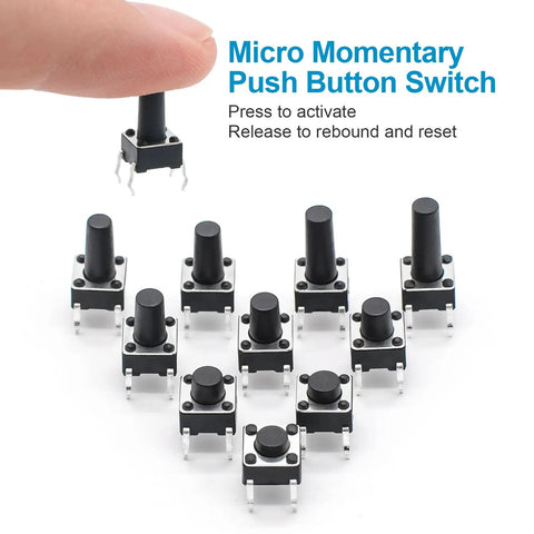 Micro Momentary Tactile Push Button Switch Kit Dope 200 Pc Assortment, 4 Pins, 6x6mm and Mixed Sizes, 12V DC, displaying button activation