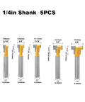 Premium 5 Piece Keyhole Router Bit Set With Hardened Carbide Cutters, 1/4 inch shank, showing size and dimensions of each bit.