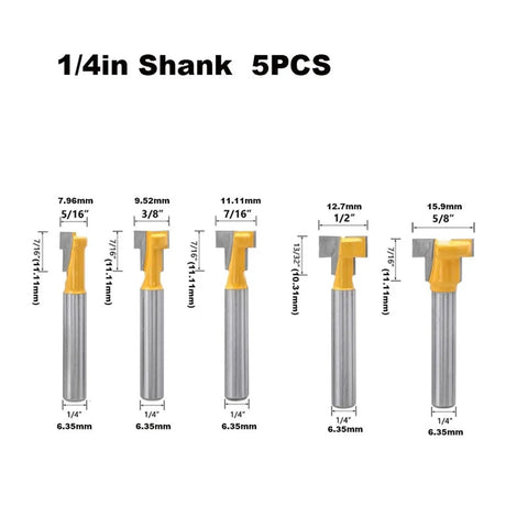 Premium 5 Piece Keyhole Router Bit Set With Hardened Carbide Cutters, 1/4 inch shank, showing size and dimensions of each bit.