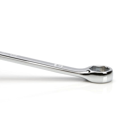 Close-up of 16-Piece Metric 6-Point Wrench Set With Full Polish Chrome Finish, chrome vanadium steel, stamped sizes for quick ID.