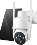 Battery Powered Wireless Outdoor Security Camera With 2K Color Night Vision mounted outside, showing solar panel and raindrops