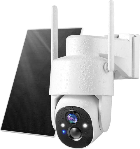 Battery Powered Wireless Outdoor Security Camera With 2K Color Night Vision mounted outside, showing solar panel and raindrops